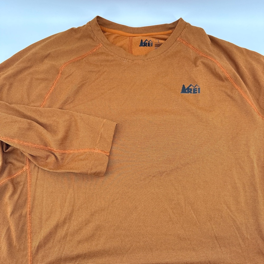 REI Co-op Performance Hiking Shirt Mens Large Orange Micro Stripe Long Sleeve